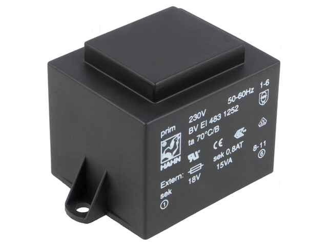Transformator: ingegoten; 15VA; 230VAC; 18V; 833mA; PCB; BVEI Transformator: ingegoten; 15VA; 230VAC; 18V; 833mA; PCB; BVEI